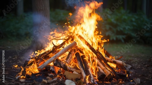 Campfire bonfire hot flame burn at wilderness campground.