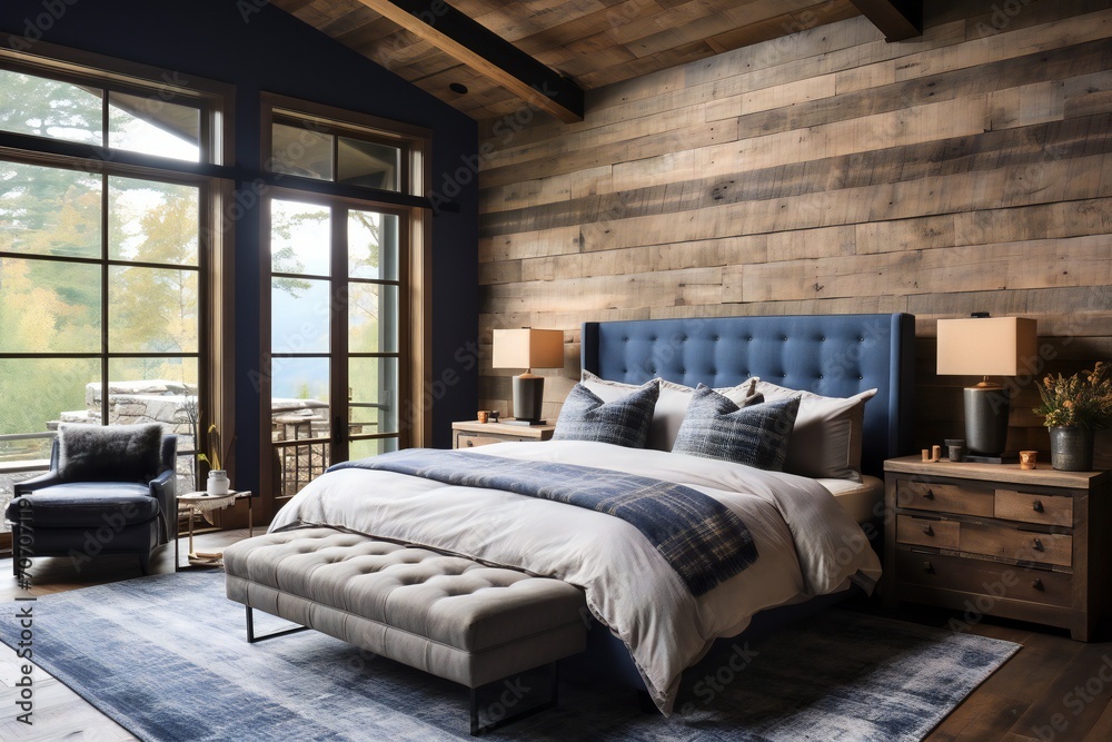 Wood bedside cabinet near bed with blue blanket. Farmhouse interior design of modern bedroom with lining wall and beam ceiling - obrazy, fototapety, plakaty 