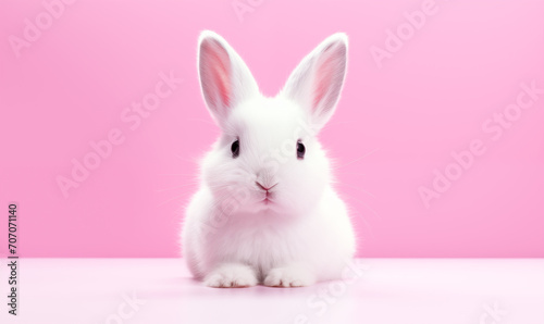 Cute fluffy white rabbit on a pink background. Generated by artificial intelligence.  © Ailee Tian