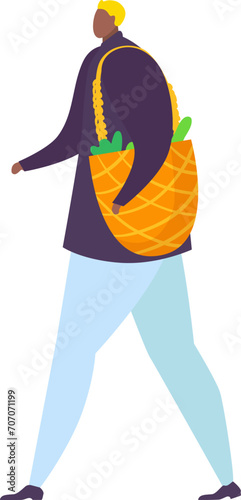 Woman in casual clothing carrying grocery shopping bag filled with vegetables, sustainable shopping concept. Conscious consumerism and eco-friendly lifestyle vector illustration.