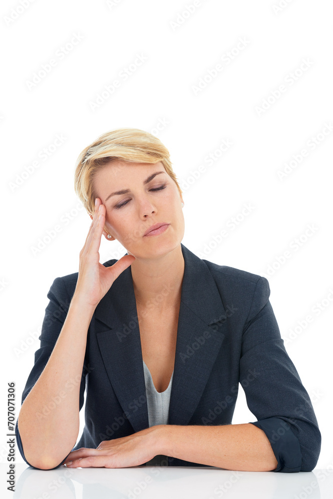 Business woman, stress or headache in studio for challenge, disaster or mental health on white background. Worker, burnout and frustrated for vertigo, brain fog or doubt wrong mistake at mockup space Business woman, stress or headache in studio for challenge, disaster or mental health on white background. Worker, burnout and frustrated for vertigo, brain fog or doubt wrong mistake at mockup space