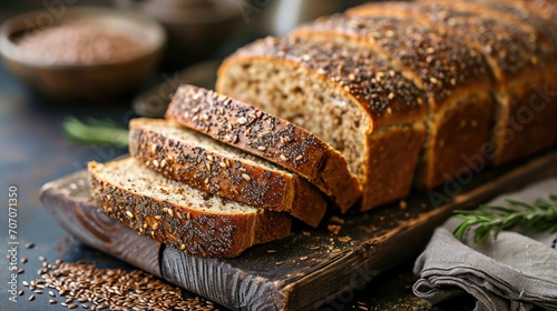 Multi grain sourdough bread with flax seeds cut on a wooden board, closeup view. Healthy vegan bread choice photo