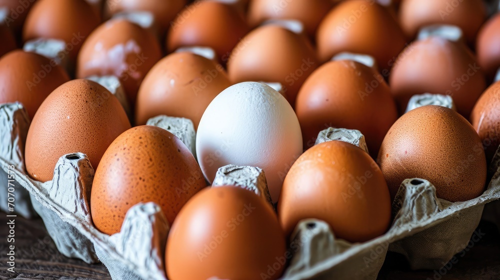 Pallet with brown eggs and one white egg Pallet with brown eggs and one white egg