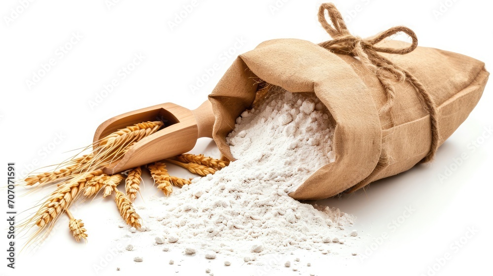 Φωτογραφία Paper bag with wheat flour and wooden scoop isolated on white background