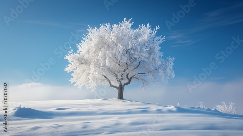 A solitary tree covered in frost, standing in the middle of a snowy landscape under a clear blue sky. Its branches covered with white frost, giving it a delicate and ethereal appearance.