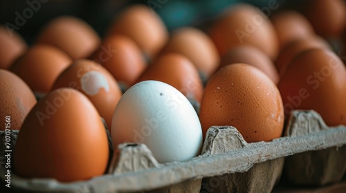 Pallet with brown eggs and one white egg