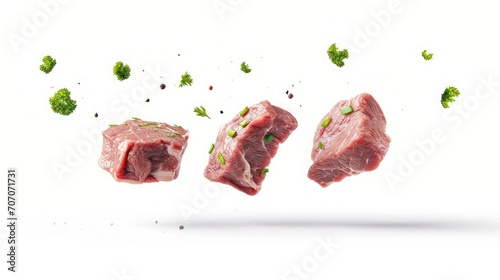 Pieces of fresh meat levitate on a white background