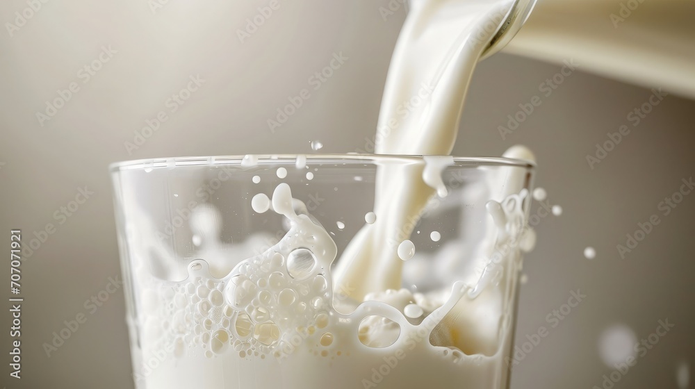 Φωτογραφία Pouring milk in glass on a light neutral background.