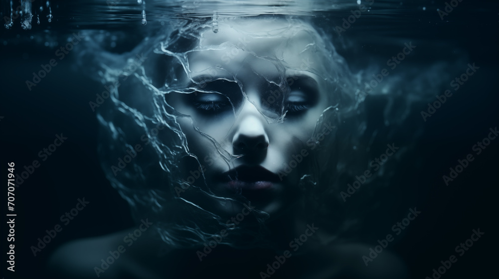 Φωτογραφία Surreales Portrait einer Frau unter Wasser mit Strukturen von gefrorenem Wasser