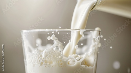 Pouring milk in glass on a light neutral background.