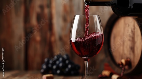 Pouring red wine into the glass against rustic background. Pour alcohol, winery concept. photo
