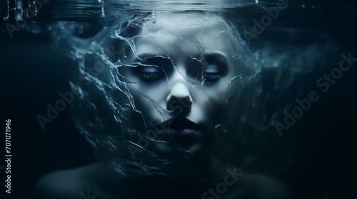 Surreales Portrait einer Frau unter Wasser mit Strukturen von gefrorenem Wasser. Konzept: Depression. Illustration in kühlen Farben. Düstere Atmosphäre