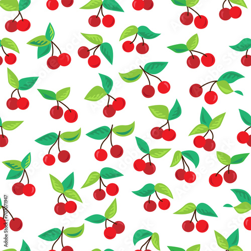 Seamless pattern of red berries with green leaves. Vector Illustration. Cartoon cherries isolated on white background. 