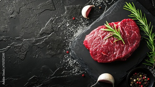 Raw dry aged bison beef rump steak piece as close-up with herbs and spice on black background with copy space
