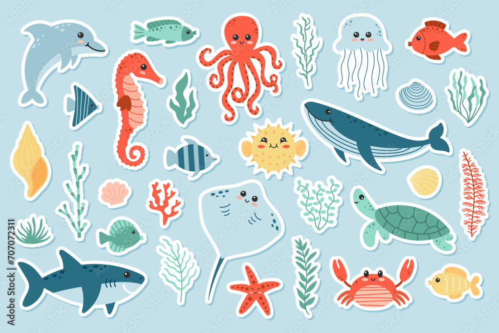 Сute sea life sticker set. Shark, dolphin, seahorse, turtle, starfish, sea urchin, whale, jellyfish, fish, octopus, crab. Cartoon vector illustration - obrazy, fototapety, plakaty 