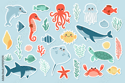 Сute sea life sticker set. Shark, dolphin, seahorse, turtle, starfish, sea urchin, whale, jellyfish, fish, octopus, crab. Cartoon vector illustration © Karelkart