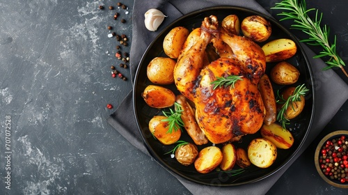 Roasted chicken in pomegranate sauce with potatoes in a gray ceramic mold. Dark background. Top view. Copy space