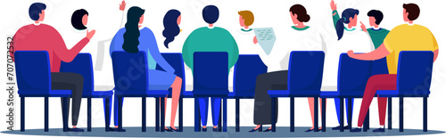Group of diverse people sitting in a meeting, audience participation, presenting report. Business meeting, team discussion, interactive workshop vector illustration.