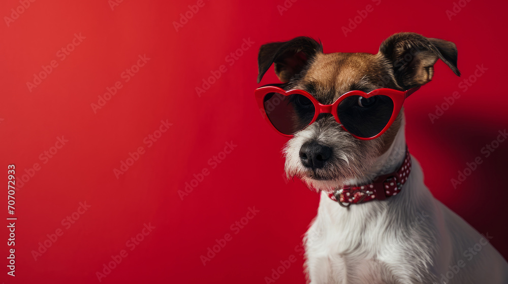 Jack Russell Terrier dog in heart shaped sunglasses on vibrant red background with space for text, for Valentines Day greetings or banner.