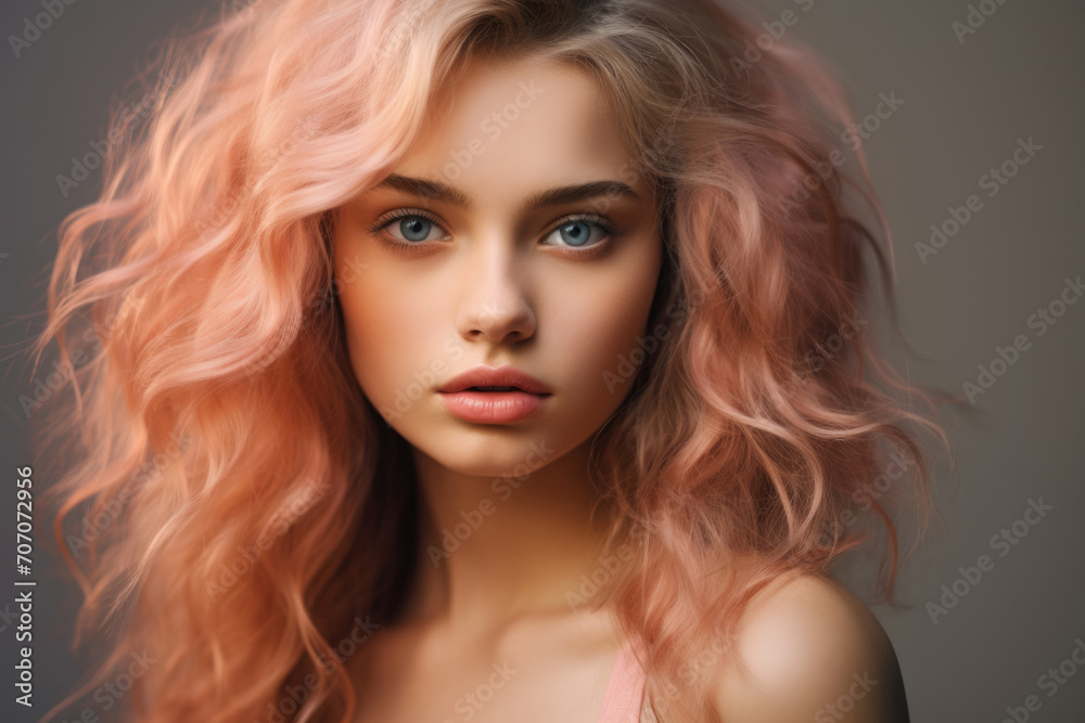 Beautiful young woman with bright blue eyes and wavy peach fuzz hair. Trendy pink and orange hairstyle tones. Studio portrait. Color of the 2024 year.