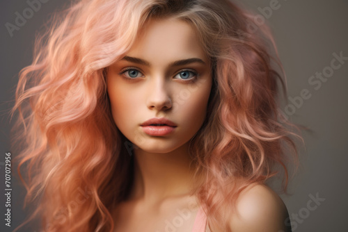 Beautiful young woman with bright blue eyes and wavy peach fuzz hair. Trendy pink and orange hairstyle tones. Studio portrait. Color of the 2024 year.