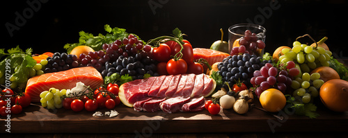  Table adorned with fresh fruits, vegetables, meat, and fish a visual ode to healthy eating, diet, and well-being. Top view