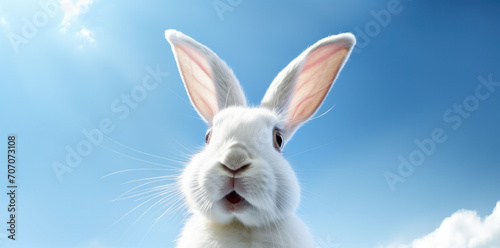 Adorable white rabbit against a clear blue sky, symbolizing Easter joy and springtime freshness © Ai Studio