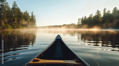 Fotografia Bow of a canoe in the morning on a misty lake in Ontario, Canada.
