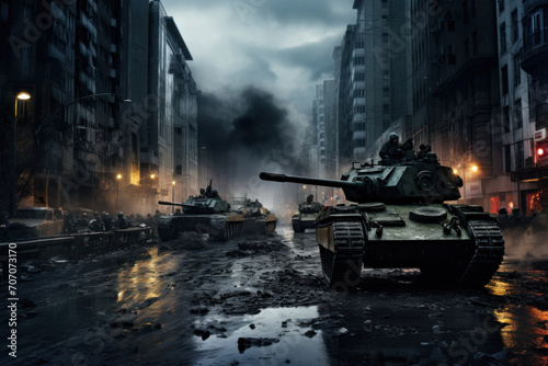 Dramatic urban scene with tanks and soldiers in a misty, war-torn cityscape, evoking a tense, cinematic atmosphere photo