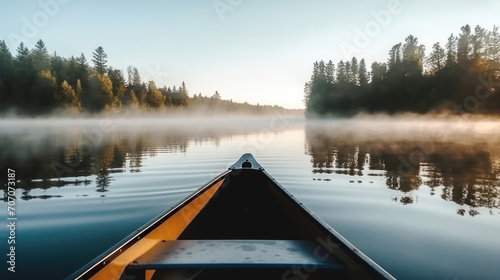 Bow of a canoe in the morning on a misty lake in Ontario, Canada.
