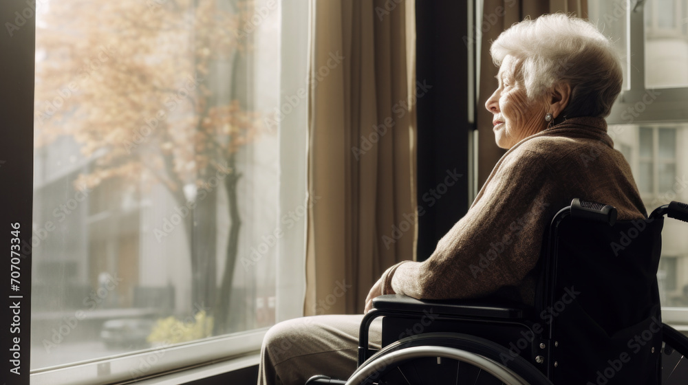 Elderly woman in a wheelchair gazing out a window, bathed in soft light, reflecting on life with a sense of peace Elderly woman in a wheelchair gazing out a window, bathed in soft light, reflecting on life with a sense of peace