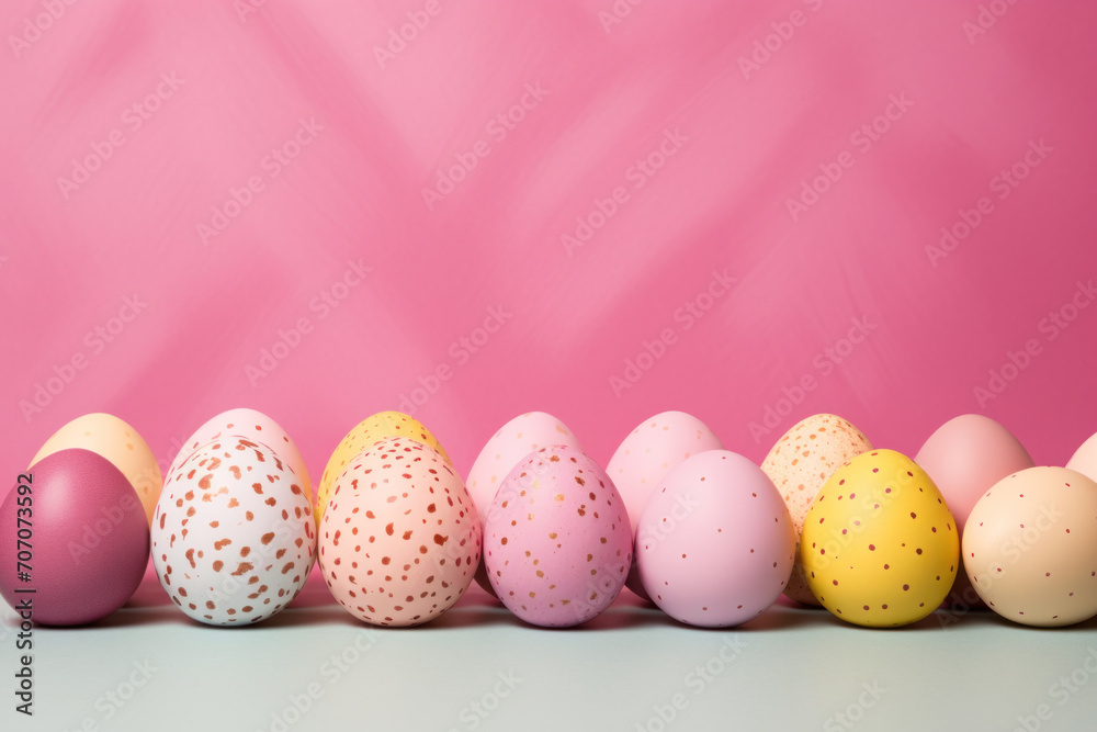 Row of speckled Easter eggs in soft pastel tones on a pink and blue gradient background, symbolizing festive spring joy.