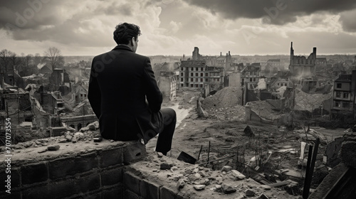 Man in a suit overlooks ruins from a high vantage, a poignant moment reflecting on destruction and loss