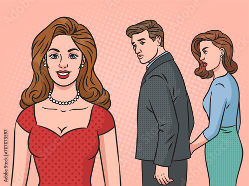meme guy looking at another girl meme pop art retro hand drawn vector illustration. Comic book style imitation.