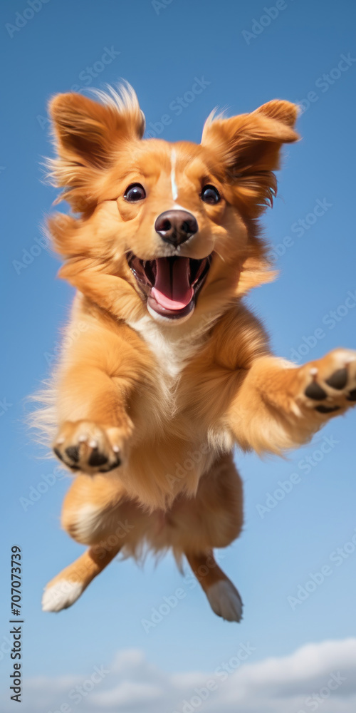 Dog jumping in the air, small orange fluffy dog on isolated backgroun, animals, pet, hungry, playing, puppy wanting food, puppy.