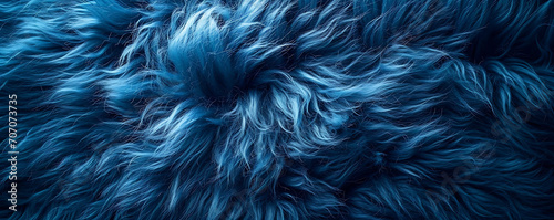 Top view of blue fur texture, resembling a sheepskin background. Shaggy fur pattern in shades of blue, providing a close-up view of wool texture. © thisisforyou
