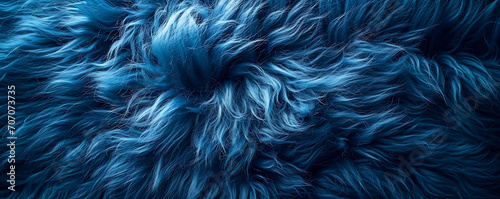 Top view of blue fur texture, resembling a sheepskin background. Shaggy fur pattern in shades of blue, providing a close-up view of wool texture.