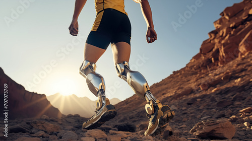 Inspirational athlete with prosthetic legs running in a desert, showcasing determination and the triumph of human spirit photo
