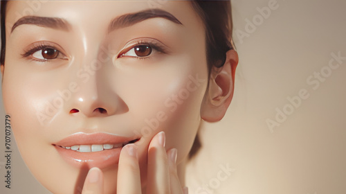 crop photo of skincare and cosmetics concept with copy space for text. Woman with beautiful face touching healthy facial skin portrait. Beautiful happy Asian girl model with natural,