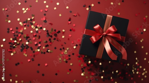 Festive Black Friday surprise.Top view black gift box, adorned with vibrant red ribbon, surrounded by golden star-shaped confetti, set against rich marsala backdrop. Ideal for your Black Friday deals.