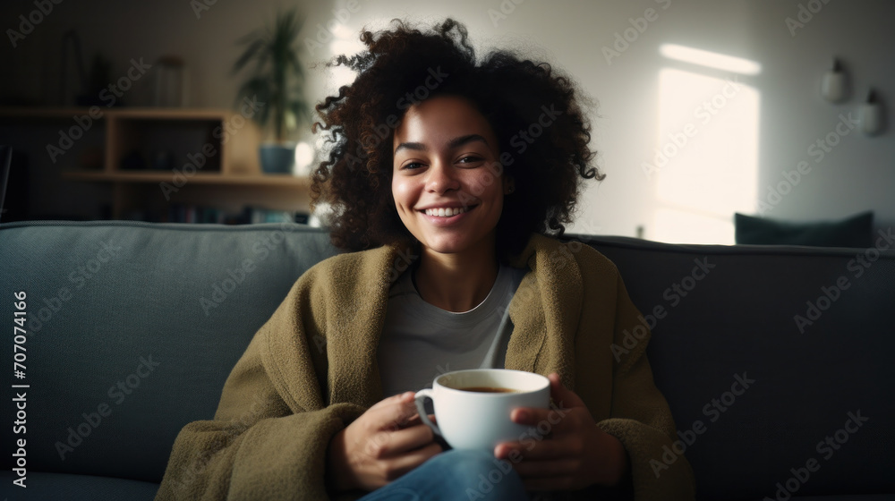 Relaxed woman enjoying a cup of coffee at home, her smile conveying warmth and comfort in a cozy interior setting Relaxed woman enjoying a cup of coffee at home, her smile conveying warmth and comfort in a cozy interior setting