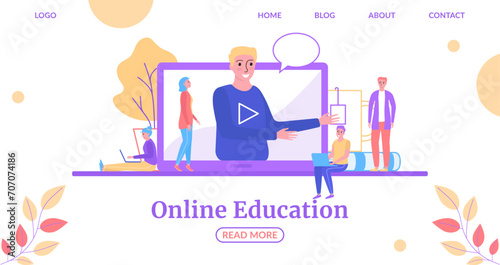 Online education concept with characters using laptop for learning. Diverse people studying on educational website vector illustration. Lifelong learning and digital class vector illustration.