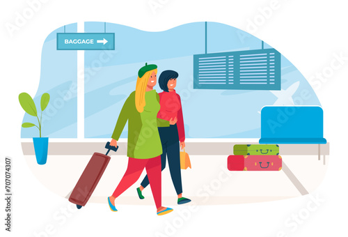 Two women walking at the airport, one with rolling suitcase. Friends travel together, airport interior, departure. Travelers with luggage preparing for flight vector illustration