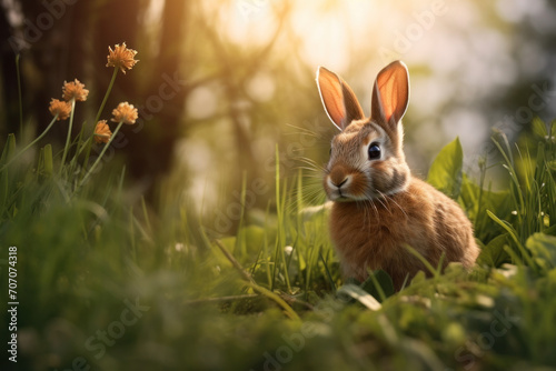 Captivating bunny in a lush meadow with sunlight filtering through trees, a serene Easter scene exuding the freshness of spring