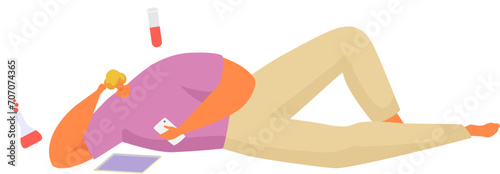 Woman lying down exhausted with test tubes and tablet, scientific research fatigue. Overworked female scientist resting. Tired researcher or lab worker vector illustration.