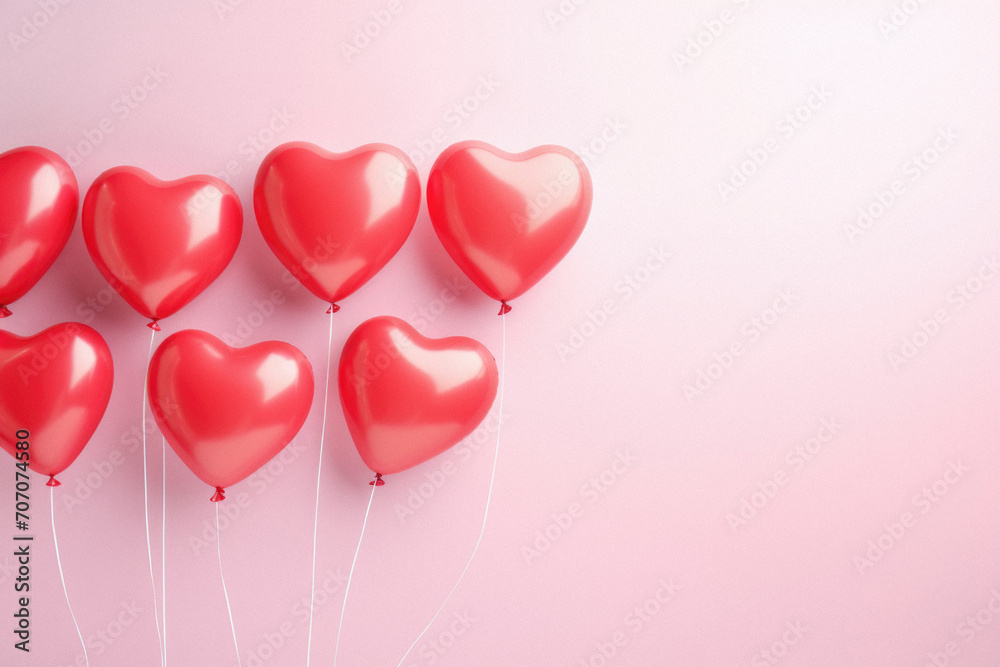 Red heart shaped balloons on pink background, flat lay. Space for text.