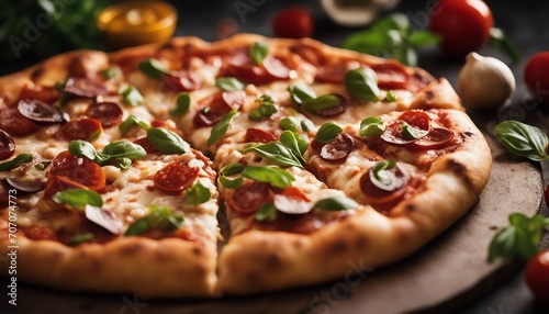 Pizza with salami, mozzarella cheese, tomatoes and basil
