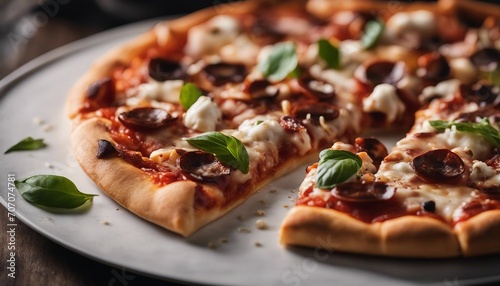 Pizza with mozzarella cheese, mushrooms and basil on a plate