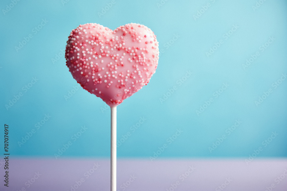 Pink heart shaped lollipop with sprinkles on blue background.
