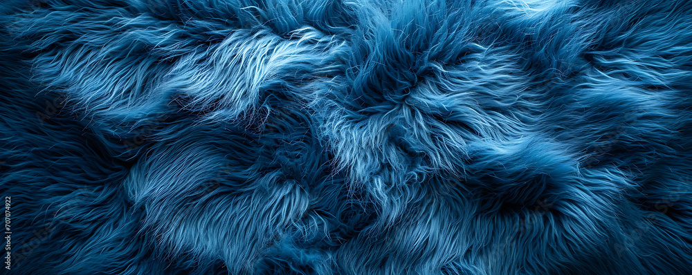 Top view of blue fur texture, resembling a sheepskin background. Shaggy fur pattern in shades of blue, providing a close-up view of wool texture. - obrazy, fototapety, plakaty 